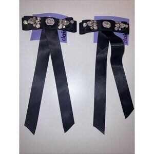 Icing 2 Piece Black Rhinestone Studded Satin Long Tail Hair Bow Clip